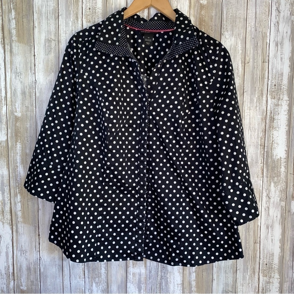 Lane Bryant Polka Dot Button Down Shirt Black White Stretch Cotton Size 18